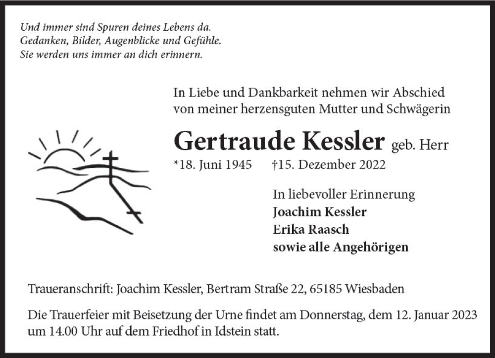  Traueranzeige für Gertraude Kessler vom 07.01.2023 aus vrm-trauer Wiesbadener Kurier