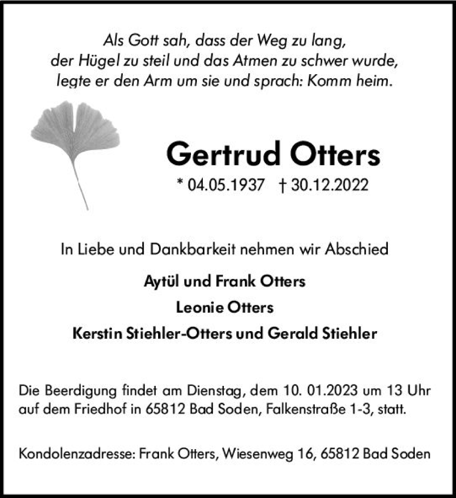  Traueranzeige für Gertrud Otters vom 04.01.2023 aus vrm-trauer AZ Mainz