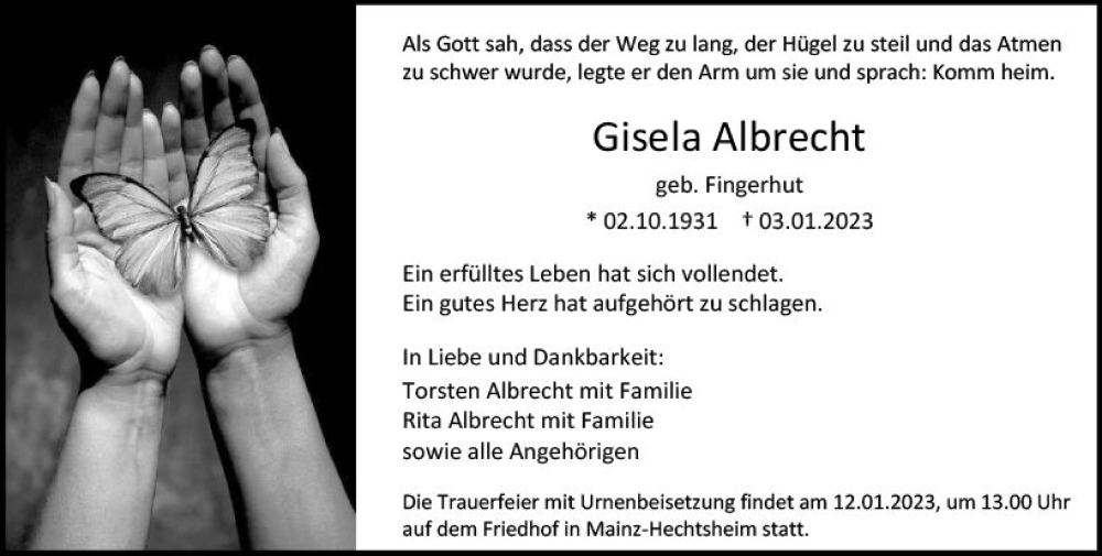  Traueranzeige für Gisela Albrecht vom 07.01.2023 aus vrm-trauer AZ Mainz