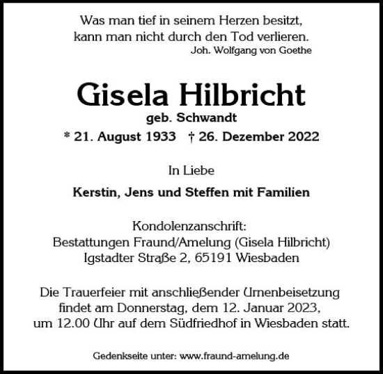 Traueranzeige von Gisela Hilbricht von vrm-trauer Wiesbadener Kurier