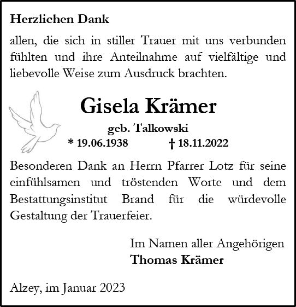  Traueranzeige für Gisela Krämer vom 07.01.2023 aus vrm-trauer Allgemeine Zeitung Alzey