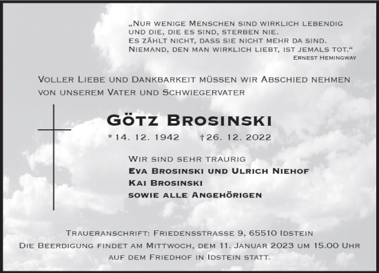 Traueranzeige von Götz Brosinski von vrm-trauer Idstein / Untertaunus