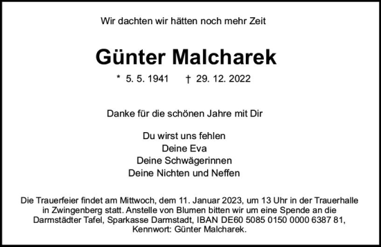 Traueranzeige von Günter Malcharek von vrm-trauer Darmstädter Echo