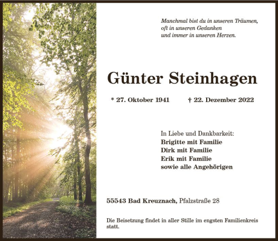 Traueranzeige von Günter Steinhagen von vrm-trauer Allg. Zeitung Bad Kreuznach