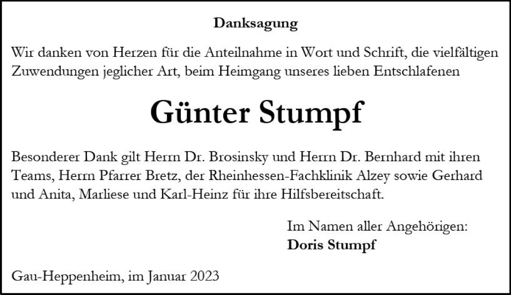  Traueranzeige für Günter Stumpf vom 07.01.2023 aus vrm-trauer Allgemeine Zeitung Alzey