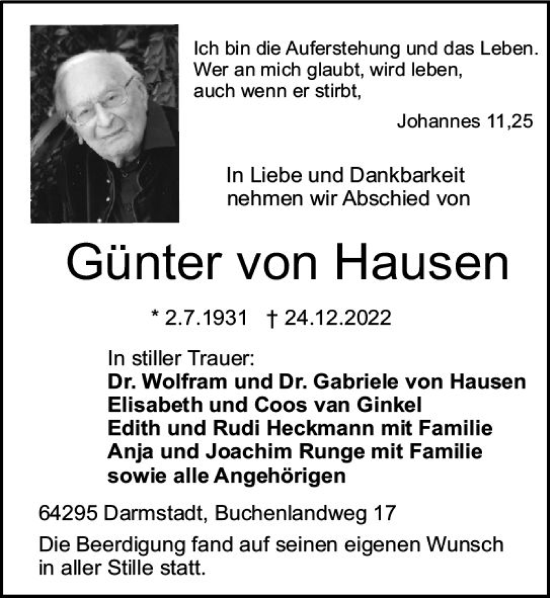 Traueranzeige von Günter von Hausen von vrm-trauer Darmstädter Echo