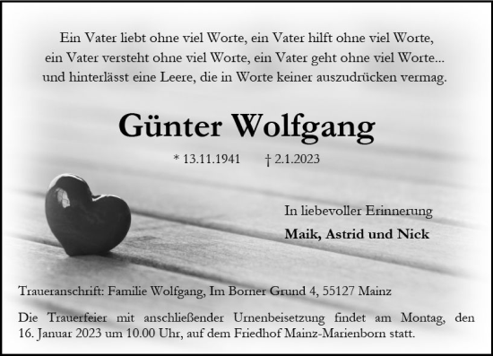 Traueranzeige von Günter Wolfgang von vrm-trauer AZ Mainz