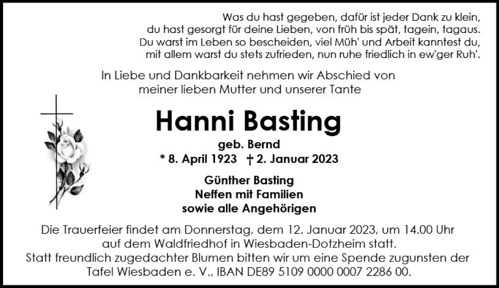  Traueranzeige für Hanni Basting vom 07.01.2023 aus vrm-trauer Wiesbadener Kurier