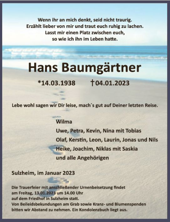 Traueranzeige von Hans Baumgärtner von vrm-trauer Allgemeine Zeitung Alzey