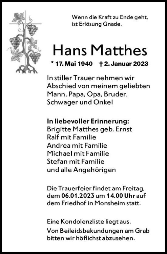 Traueranzeige von Hans Matthes von vrm-trauer Wormser Zeitung