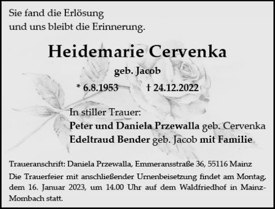 Traueranzeige von Heidemarie Cervenka von vrm-trauer AZ Mainz
