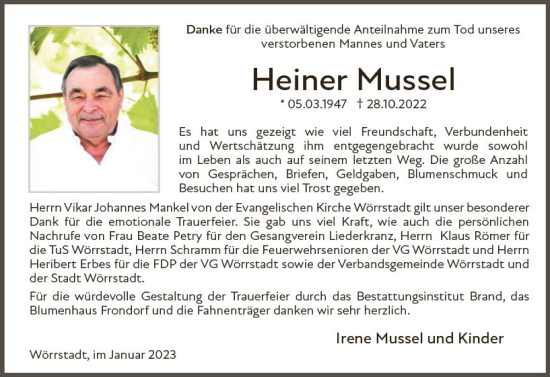 Traueranzeige von Heiner Mussel von vrm-trauer Allgemeine Zeitung Alzey