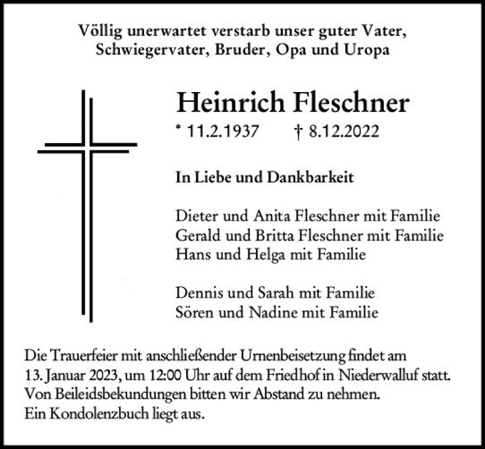  Traueranzeige für Heinrich Fleschner vom 07.01.2023 aus vrm-trauer Wiesbadener Kurier
