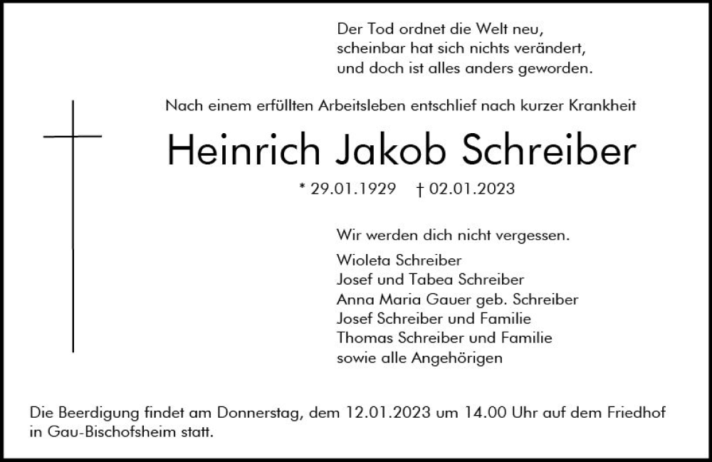  Traueranzeige für Heinrich Jakob Schreiber vom 07.01.2023 aus vrm-trauer AZ Mainz