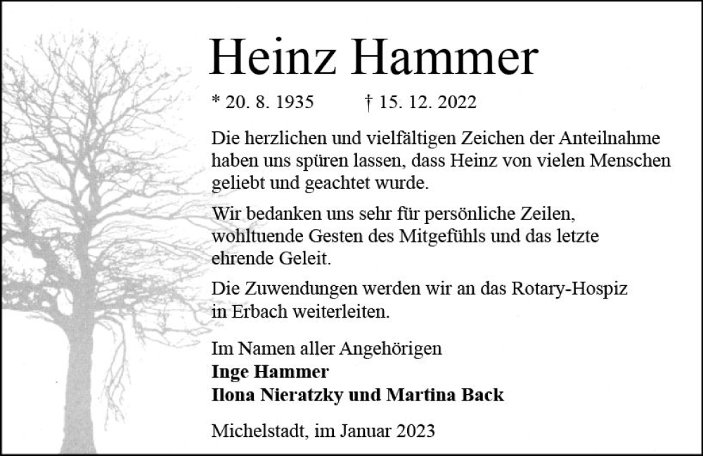  Traueranzeige für Heinz Hammer vom 07.01.2023 aus vrm-trauer Odenwälder Echo