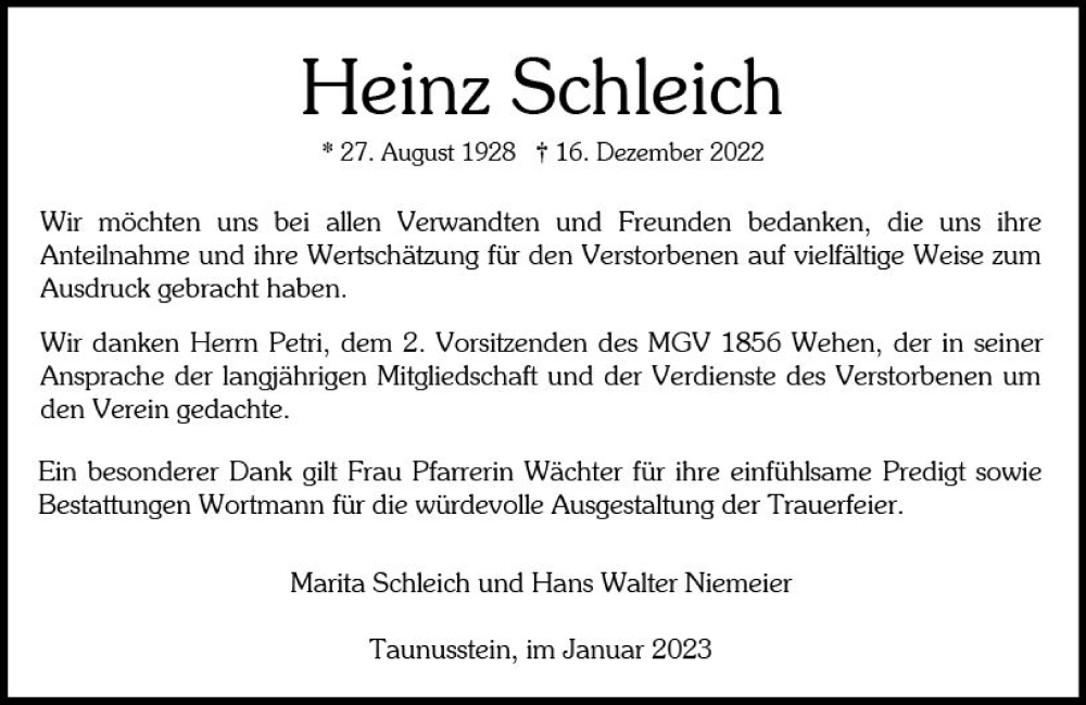  Traueranzeige für Heinz Schleich vom 07.01.2023 aus vrm-trauer Wiesbadener Kurier