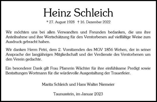 Traueranzeige von Heinz Schleich von vrm-trauer Wiesbadener Kurier