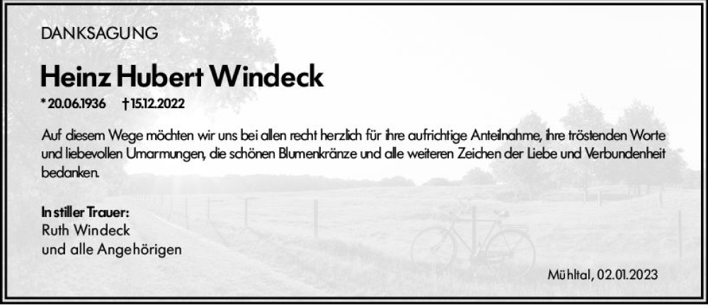  Traueranzeige für Heinz Hubert Windeck vom 02.01.2023 aus vrm-trauer Darmstädter Echo