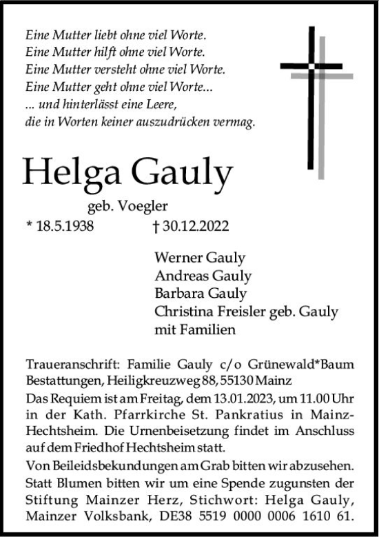 Traueranzeige von Helga Gauly von vrm-trauer AZ Mainz