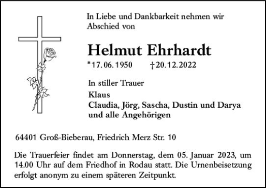 Traueranzeige von Helmut Ehrhardt von vrm-trauer Darmstädter Echo