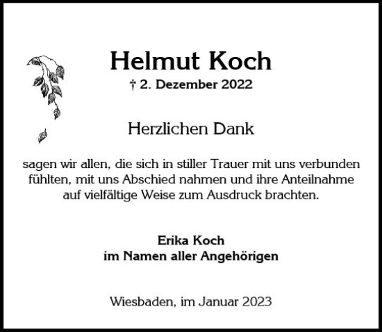 Traueranzeige von Helmut Koch von vrm-trauer Wiesbadener Kurier