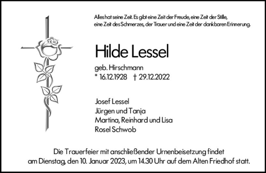 Traueranzeige von Hilde Lessel von vrm-trauer Hochheimer Zeitung
