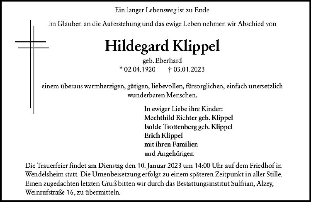  Traueranzeige für Hildegard Klippel vom 07.01.2023 aus vrm-trauer Allgemeine Zeitung Alzey
