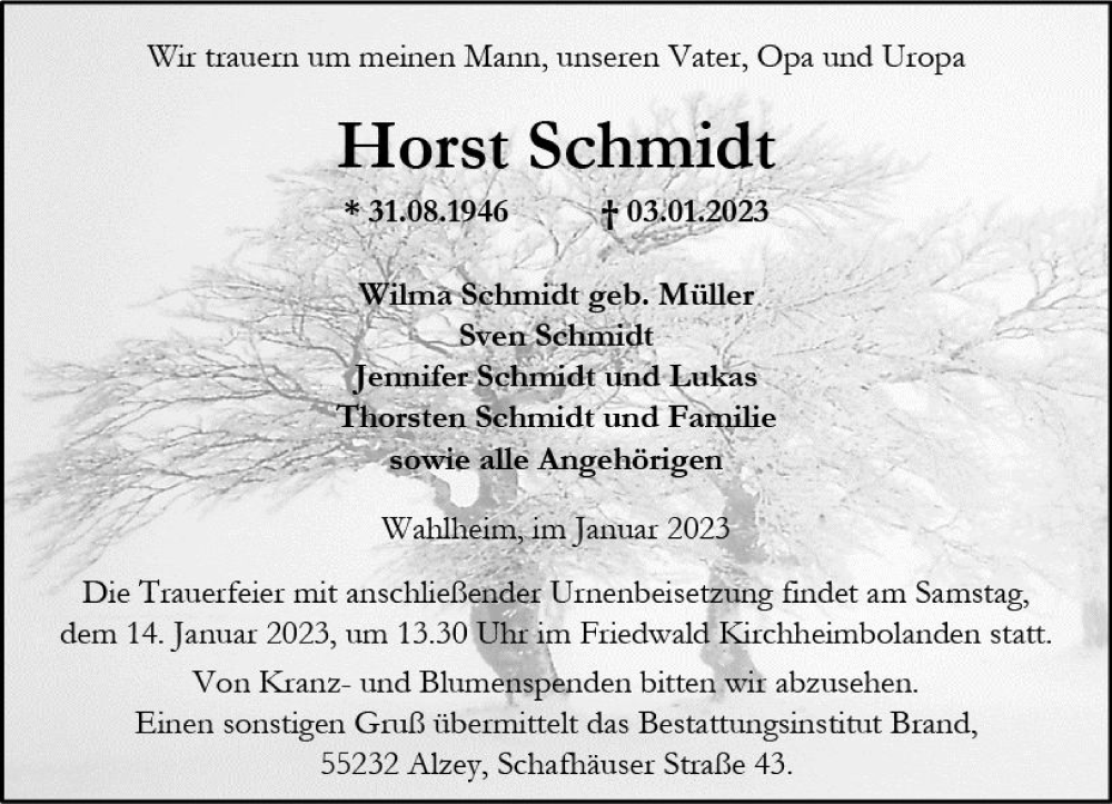  Traueranzeige für Horst Schmidt vom 07.01.2023 aus vrm-trauer Allgemeine Zeitung Alzey