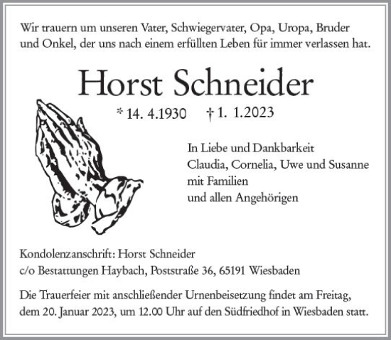 Traueranzeige von Horst Schneider von vrm-trauer Wiesbadener Kurier