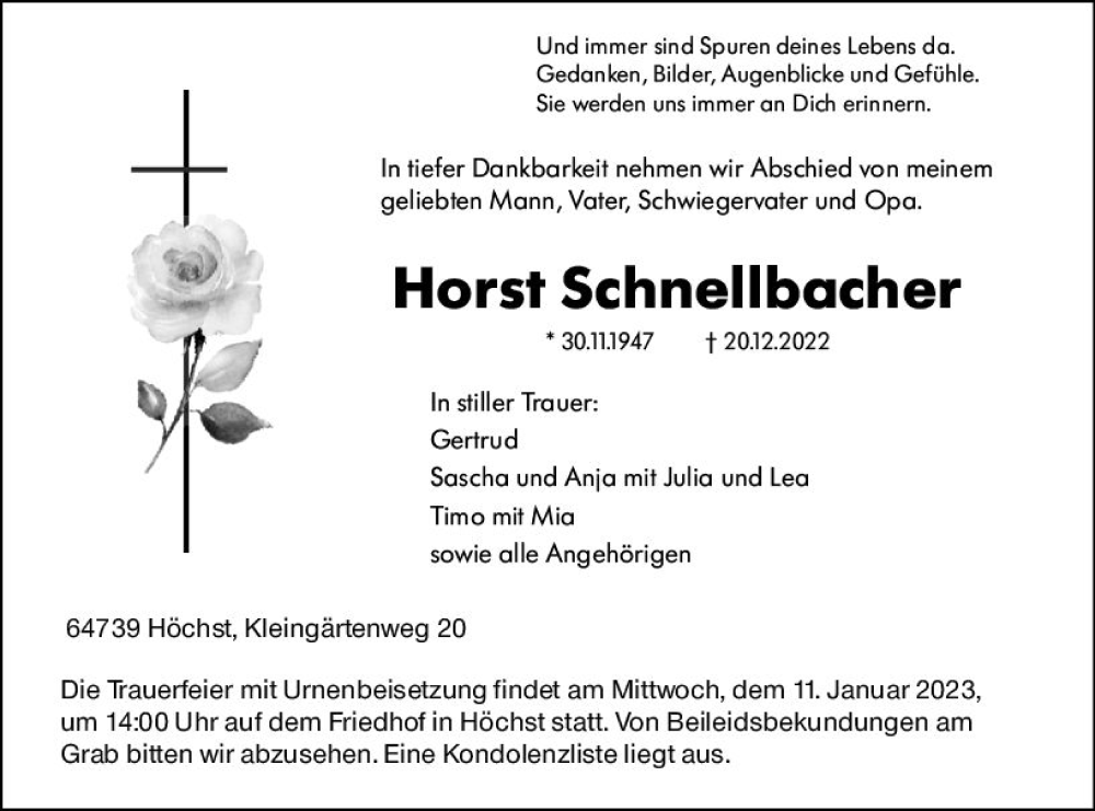 Traueranzeige für Horst Schnellbacher vom 07.01.2023 aus vrm-trauer Odenwälder Echo