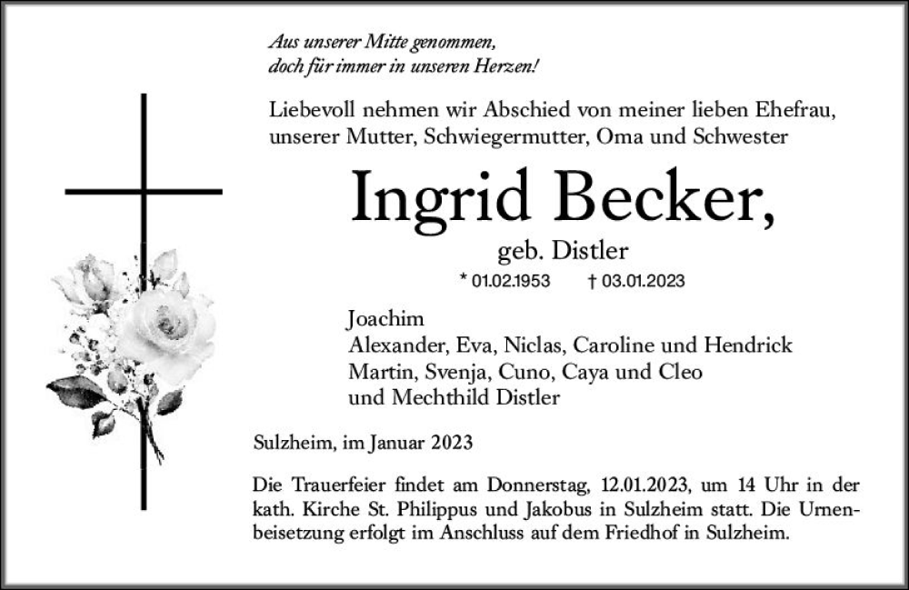  Traueranzeige für Ingrid Becker vom 07.01.2023 aus vrm-trauer Allgemeine Zeitung Alzey