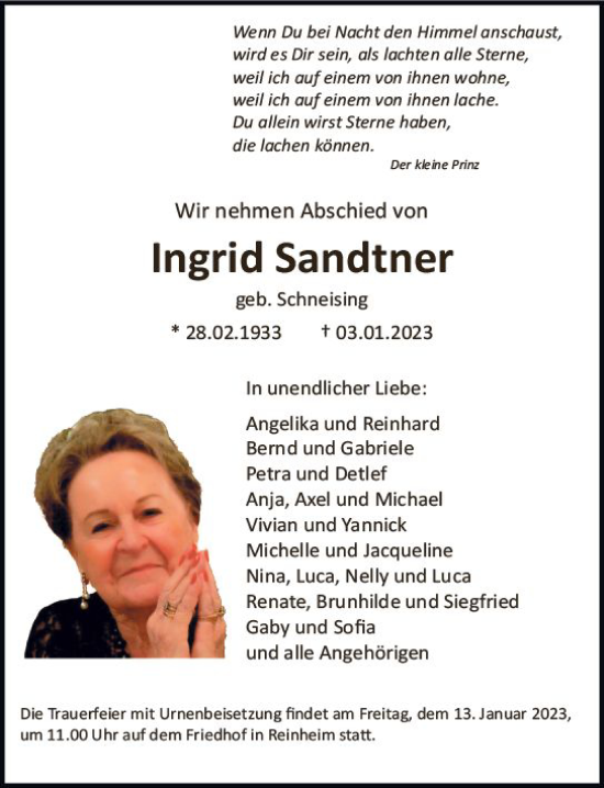 Traueranzeige von Ingrid Sandtner von vrm-trauer Darmstädter Echo