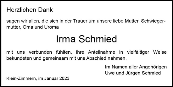 Traueranzeige von Irma Schmied von vrm-trauer DieburgerAnzeiger/Groß-Zimmerner Lokala