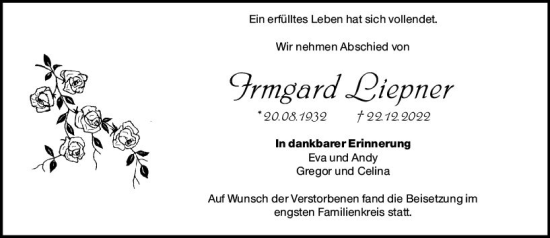 Traueranzeige von Irmgard Liepner von vrm-trauer Groß-Gerauer Echo