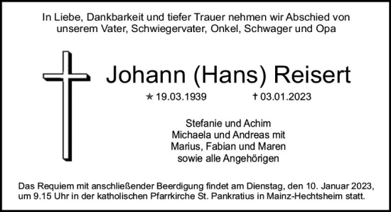 Traueranzeige von Johann Reisert von vrm-trauer AZ Mainz