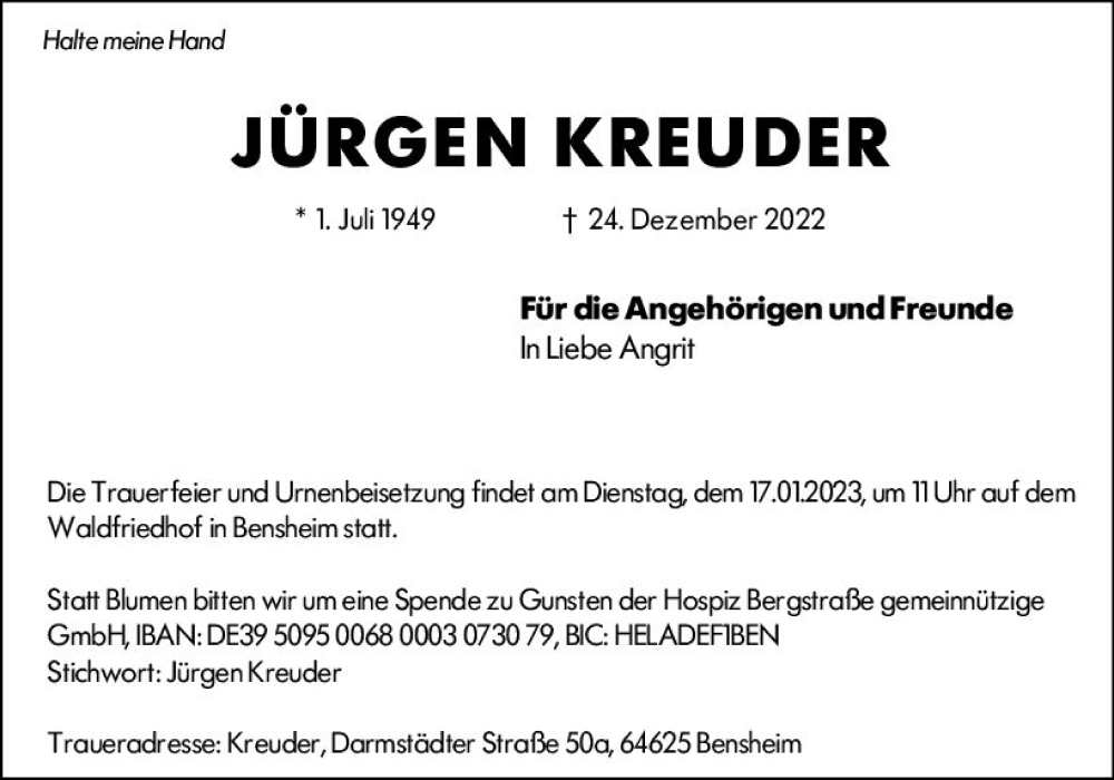  Traueranzeige für Jürgen Kreuder vom 07.01.2023 aus vrm-trauer Darmstädter Echo