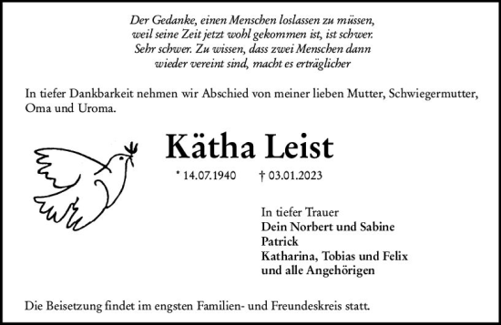 Traueranzeige von Kätha Leist von vrm-trauer Odenwälder Echo