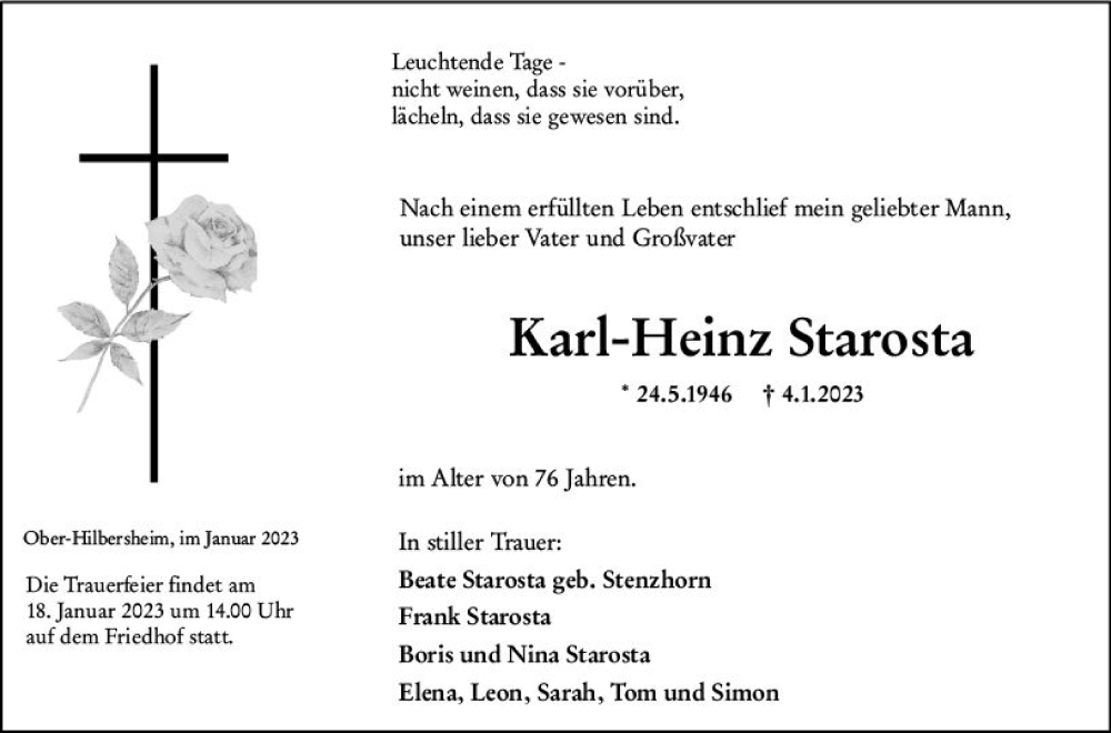  Traueranzeige für Karl-Heinz Starosta vom 09.01.2023 aus vrm-trauer Allgemeine  Zeitung Ingelheim-Bingen