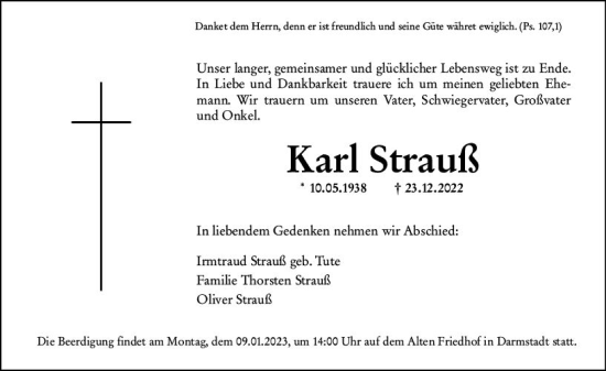 Traueranzeige von Karl Strauß von vrm-trauer Darmstädter Echo