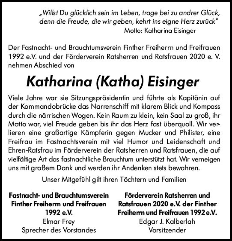  Traueranzeige für Katharina  Eisinger vom 07.01.2023 aus vrm-trauer AZ Mainz