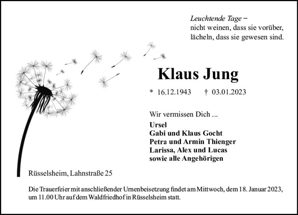  Traueranzeige für Klaus Jung vom 07.01.2023 aus vrm-trauer Rüsselsheimer Echo / MainSpitze