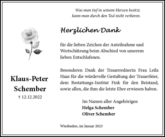 Traueranzeige von Klaus-Peter Schember von vrm-trauer Wiesbadener Kurier