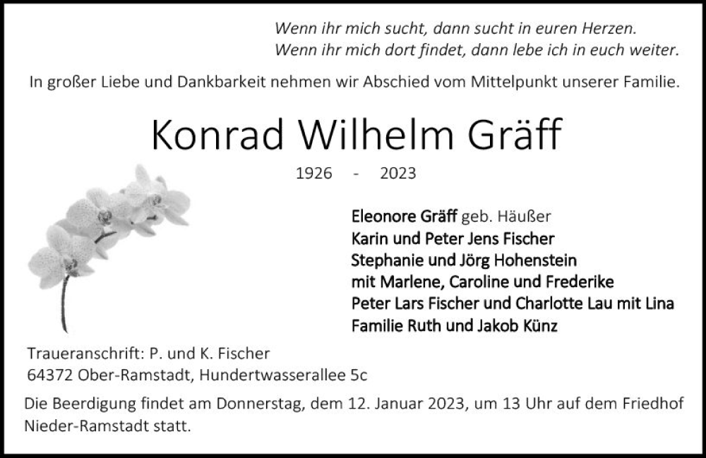 Traueranzeige für Konrad Wilhelm Gräff vom 07.01.2023 aus vrm-trauer Bergsträßer Anzeiger