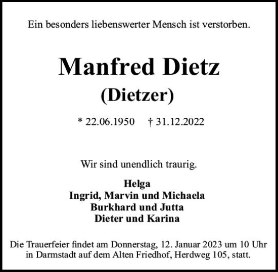 Traueranzeige von Manfred Dietz von vrm-trauer Darmstädter Echo