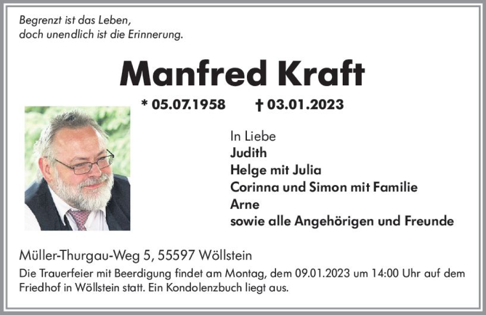  Traueranzeige für Manfred Kraft vom 07.01.2023 aus vrm-trauer Allg. Zeitung Bad Kreuznach