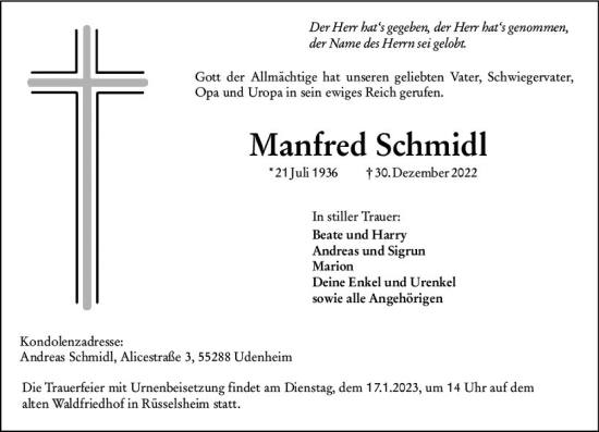 Traueranzeige von Manfred Schmidl von vrm-trauer Rüsselsheimer Echo / MainSpitze