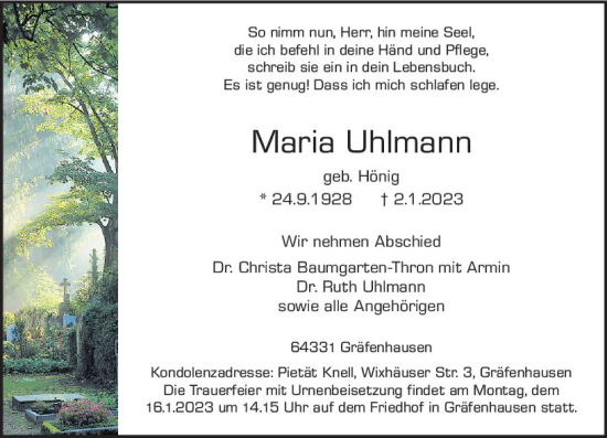 Traueranzeige von Maria Uhlmann von vrm-trauer Darmstädter Echo