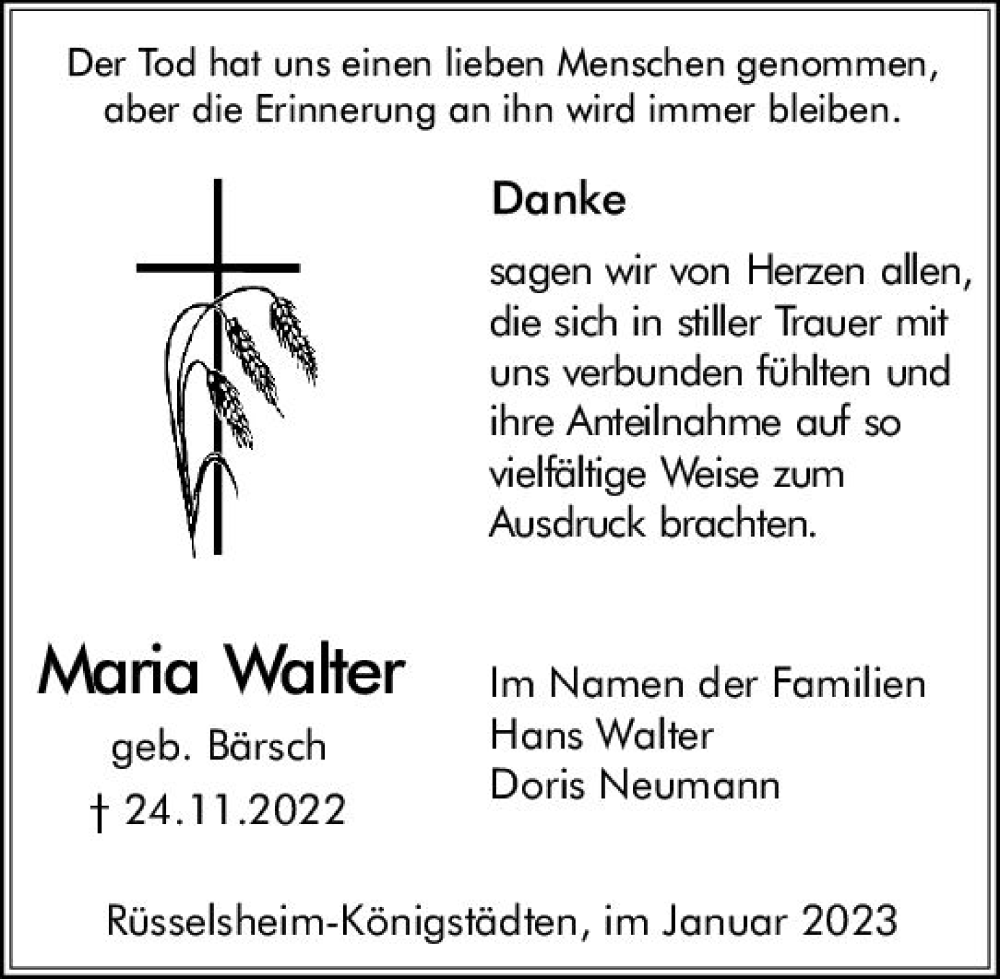  Traueranzeige für Maria Walter vom 07.01.2023 aus vrm-trauer Rüsselsheimer Echo / MainSpitze