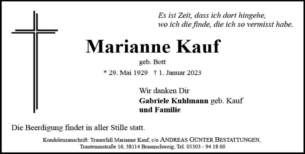  Traueranzeige für Marianne Kauf vom 07.01.2023 aus vrm-trauer AZ Mainz