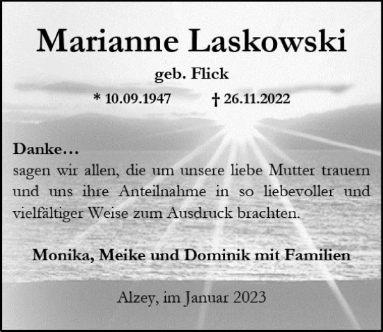 Traueranzeige von Marianne Laskowski von vrm-trauer Allgemeine Zeitung Alzey